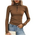 thumbnail image 1 of Lenpel Long Sleeve Shirts for Women Plus Size Turtleneck Half Zip Ribbed Knit Slim Crop Tops Fall Winter Clothes(Brown,XX-Large), 1 of 5