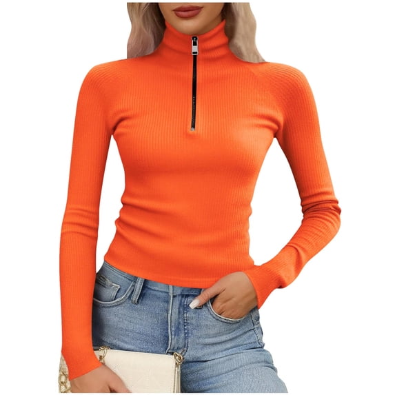 Lenpel Long Sleeve Shirts for Women Plus Size Turtleneck Half Zip Ribbed Knit Slim Crop Tops Fall Winter Clothes(Orange,4X-Large)