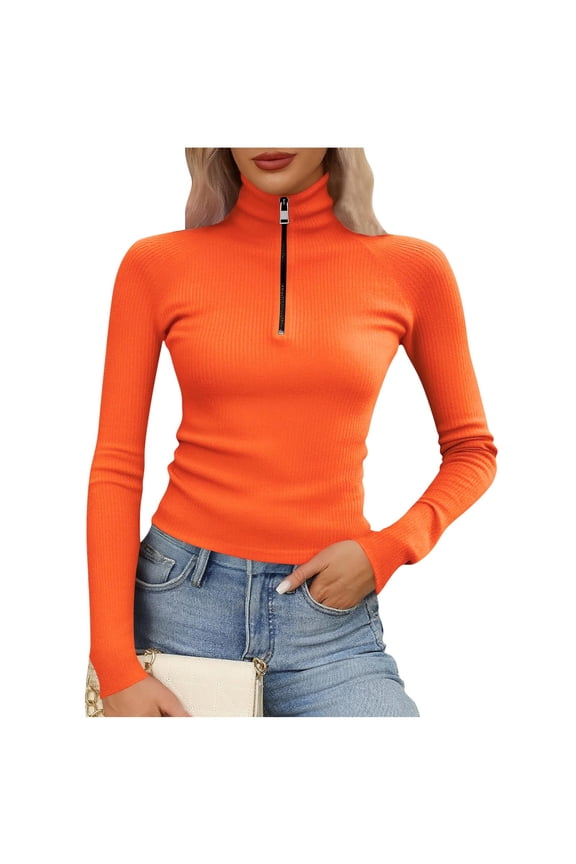 Long Sleeve Shirts for Women Plus Size Turtleneck Half Zip Ribbed Knit Slim Crop Tops Fall Winter Clothes(Orange,Small)