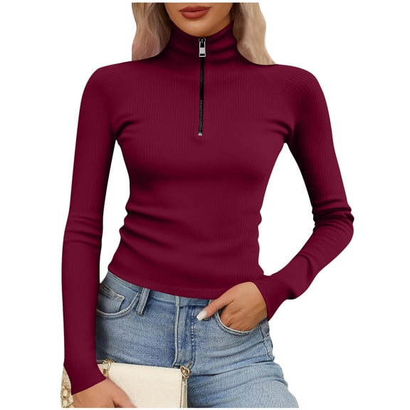 Lenpel Long Sleeve Shirts for Women Plus Size Turtleneck Half Zip Ribbed Knit Slim Crop Tops Fall Winter Clothes(Wine,5X-Large)