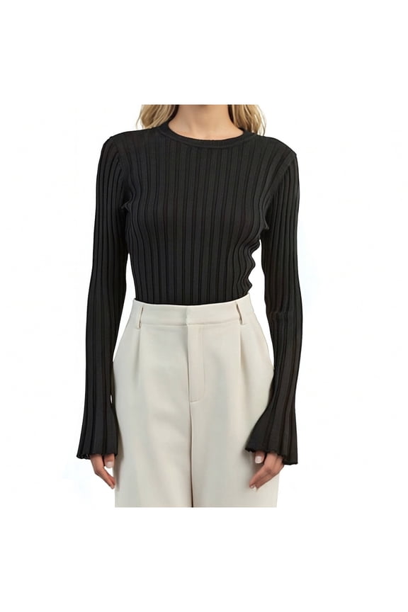 Long Sleeve Shirts for Women Ribbed Knit Crew Neck Slim Base Layer Tops Fall Winter Undershirts Basic Lightweight Sweaters(Black,Small)