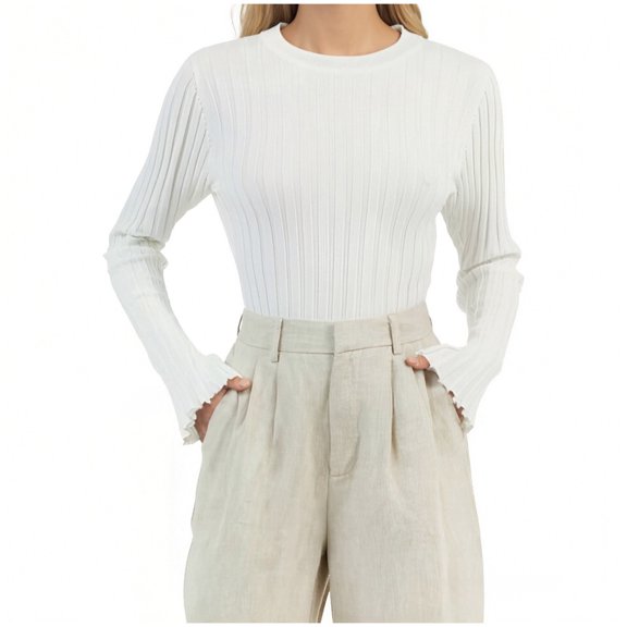 Lenpel Long Sleeve Shirts for Women Ribbed Knit Crew Neck Slim Base Layer Tops Fall Winter Undershirts Basic Lightweight Sweaters(White,Large)