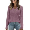 thumbnail image 1 of Lenpel Long Sleeve Shirts for Women Ribbed Knit V Neck Button Front Brushed Fleece T Shirts Soft Casual Tees Loose Tunic Blouses(Purple,X-Large), 1 of 7
