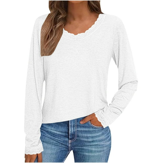 Lenpel Long Sleeve Shirts for Women Soft Casual Crew Neck Lace Hem Basic Tee Tops Loose Fall Winter Clothes