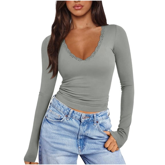 Lenpel Long Sleeve Shirts for Women Soft Casual Lace V Neck Slim Layering Basic Crop Tops Going out Tops