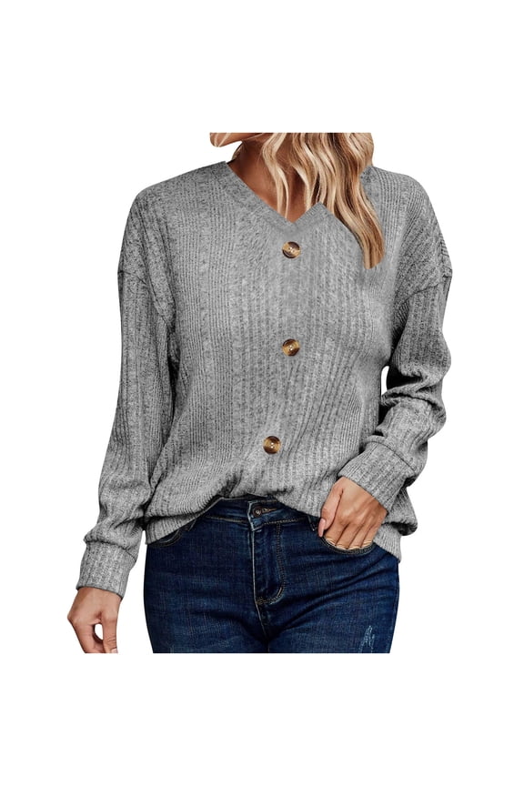 Long Sleeve Shirts for Women Soft Casual V Neck Button Front Ribbed Knit Tunic Tops Loose Lightweight Sweaters(Gray,Small)