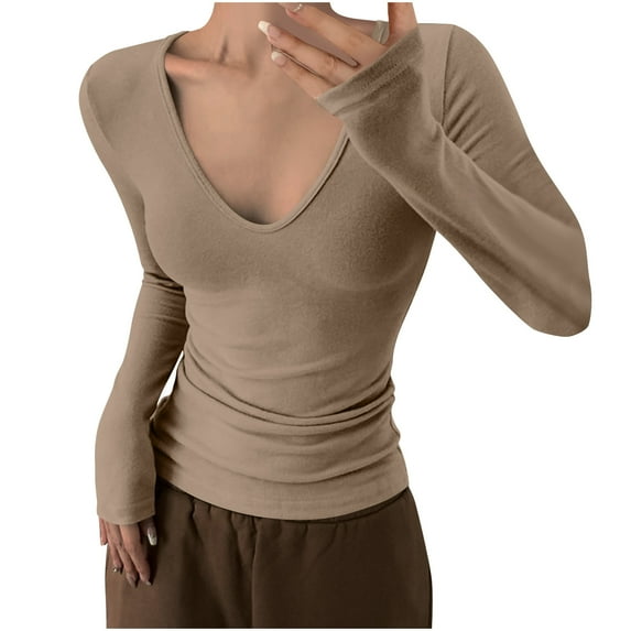 Lenpel Long Sleeve Shirts for Women Soft V Neck Solid Color Basic Layering Tee Tops Fall Slim Blouses