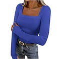 thumbnail image 1 of Lenpel Long Sleeve Shirts for Women Square Neck Ribbed Knit Slim T-Shirts Basic Casual Tunic Tees Going out Tops(Blue,Small), 1 of 7