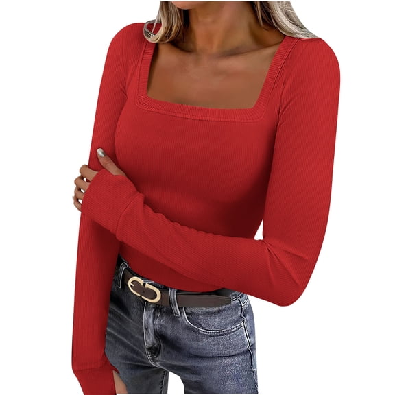 Lenpel Long Sleeve Shirts for Women Square Neck Ribbed Knit Slim T-Shirts Basic Casual Tunic Tees Going out Tops(Red,Medium)