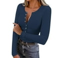 thumbnail image 1 of Lenpel Long Sleeve Shirts for Women Trendy Scoop Neck Half Button Ribbed Knit Slim T-Shirts Basic Casual Tees Going out Tops(Navy,Small), 1 of 7