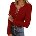 thumbnail image 1 of Lenpel Long Sleeve Shirts for Women Trendy Scoop Neck Half Button Ribbed Knit Slim T-Shirts Basic Casual Tees Going out Tops(Red,Large), 1 of 7