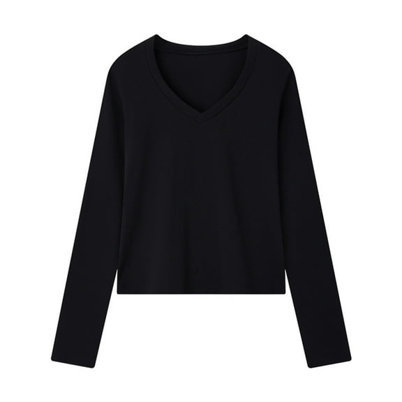 Lenpel Long Sleeve Shirts for Women Trendy V Neck Solid Color Basic T-Shirts Soft Casual Tee Tops Loose Tunic Blouses(Black,XX-Large)