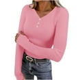 thumbnail image 1 of Lenpel Long Sleeve Shirts for Women V Neck Quarter Button Ribbed Knit Slim T-Shirts Trendy Tunic Tops Basic Casual Tees(Pink,XX-Large), 1 of 7