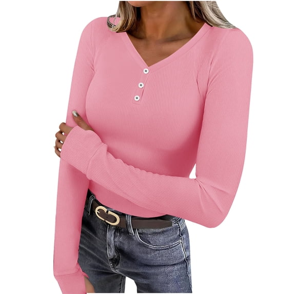 Lenpel Long Sleeve Shirts for Women V Neck Quarter Button Ribbed Knit Slim T-Shirts Trendy Tunic Tops Basic Casual Tees(Pink,XX-Large)