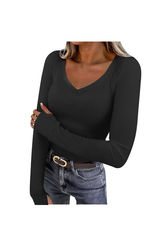 Long Sleeve Shirts for Women V Neck Ribbed Knit Slim T-Shirts Tight Tunic Blouses Going out Tops with Thumb Holes(Black,X-Large)