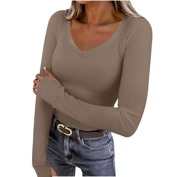 Lenpel Long Sleeve Shirts for Women V Neck Ribbed Knit Slim T-Shirts Tight Tunic Blouses Going out Tops with Thumb Holes(Brown,Medium)