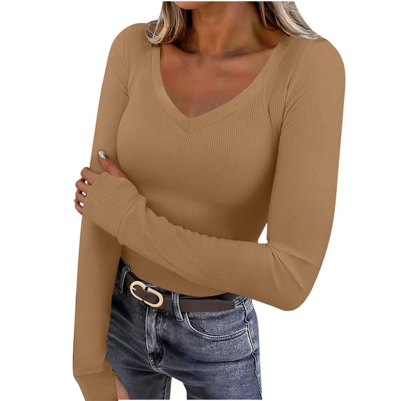 Lenpel Long Sleeve Shirts for Women V Neck Ribbed Knit Slim T-Shirts Tight Tunic Blouses Going out Tops with Thumb Holes(Khaki,XX-Large)