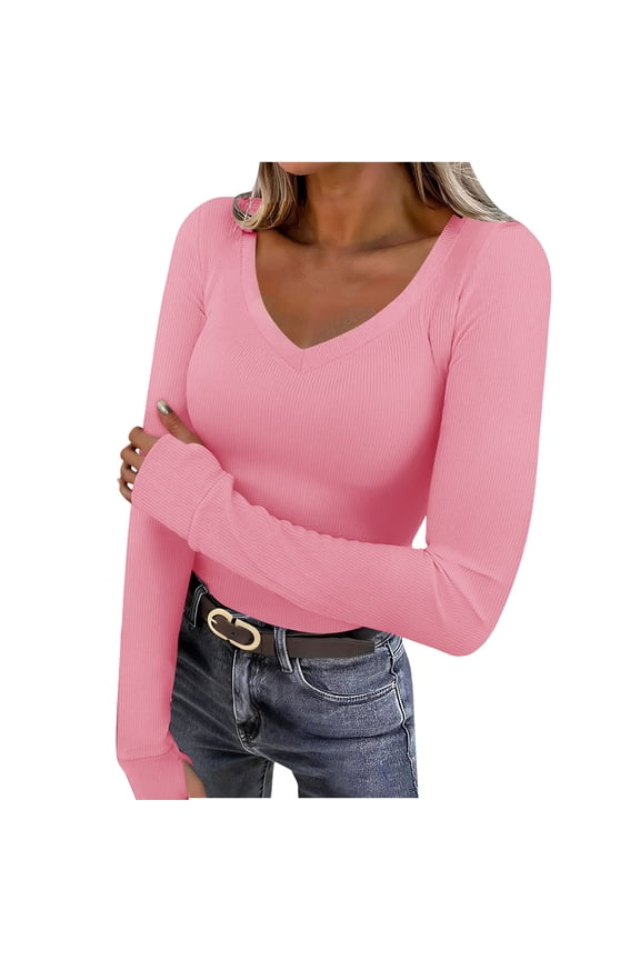 Long Sleeve Shirts for Women V Neck Ribbed Knit Slim T-Shirts Tight Tunic Blouses Going out Tops with Thumb Holes(Pink,Small)