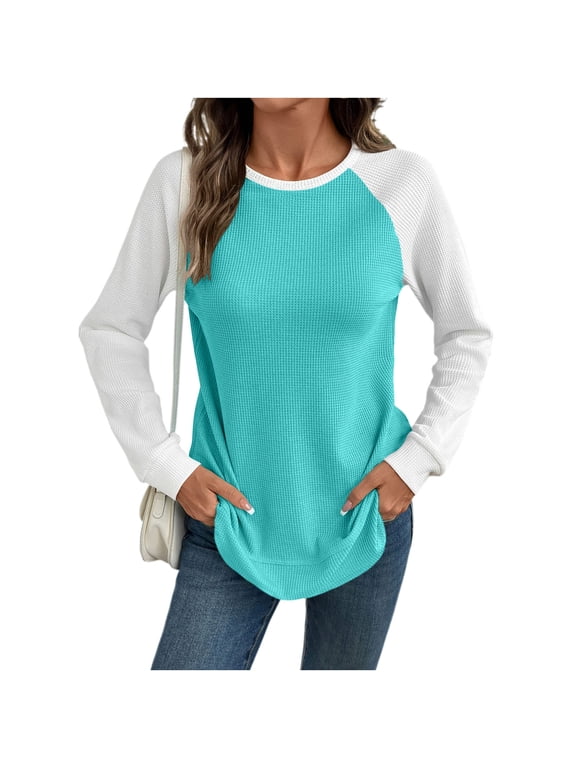 Long Sleeve Tops for Women Textured Crew Neck Block Color Tunic Shirts Trendy Curved Hem Casual Loose Blouses