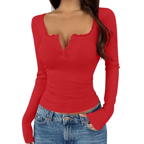 Lenpel Long Sleeve Tops for Women Trendy Button V Neck Shirts Casual Comfy Slim Fit Blouses Fashion Fall Outfits