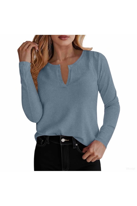 Long Sleeve Tops for Women Trendy Notched V Neck Solid Color Textured Knit T Shirts Casual Loose Tee Blouses(Light Blue,X-Large)