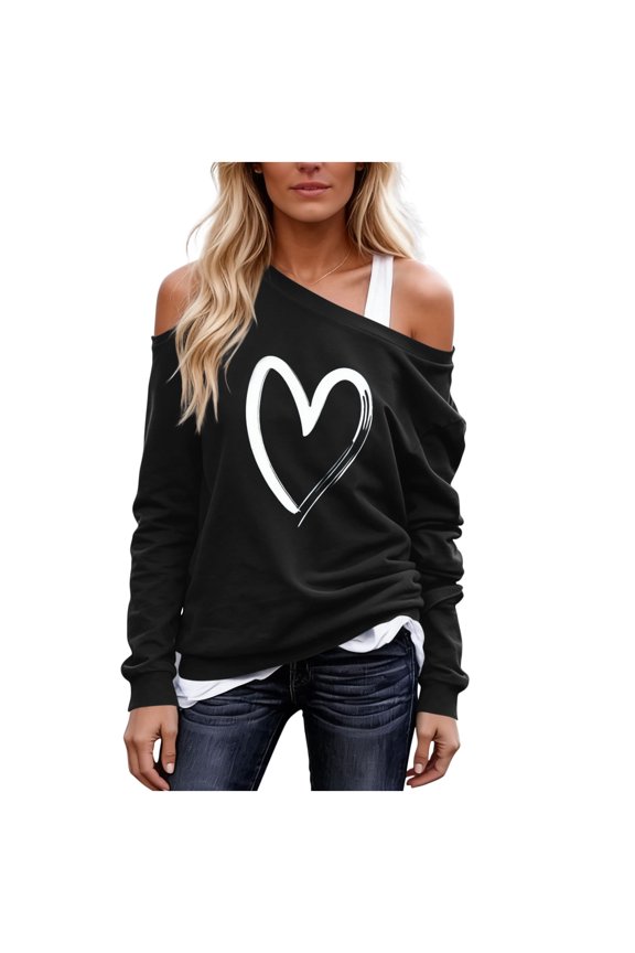 Long Sleeve Tops for Women off the Shoulder Heart Printed Lightweight Pullovers Loose Fit Tunic Tops Graphic Tee Blouses