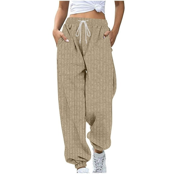 Lenpel Lounge Pants for Women Baggy Drawstring Elastic High Waisted Brushed Fleece Ribbed Knit Tapered Pants Soft Casual Trousers(Beige,X-Large)