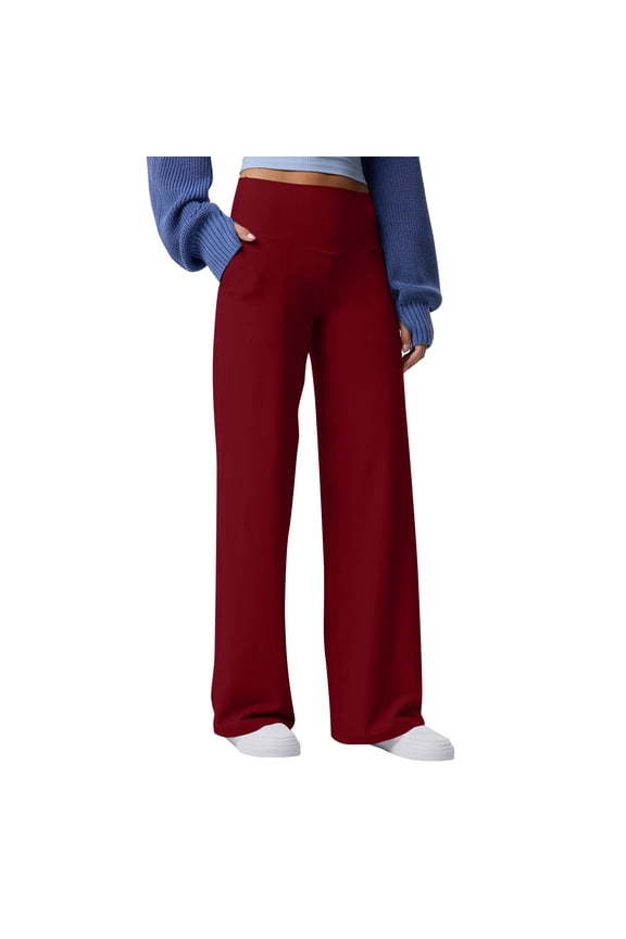 Lounge Pants for Women High Waisted Ribbed Knit Wide Leg Pants Stretchy Yoga Pants Trendy Casual Trousers with Pockets(Wine,Small)