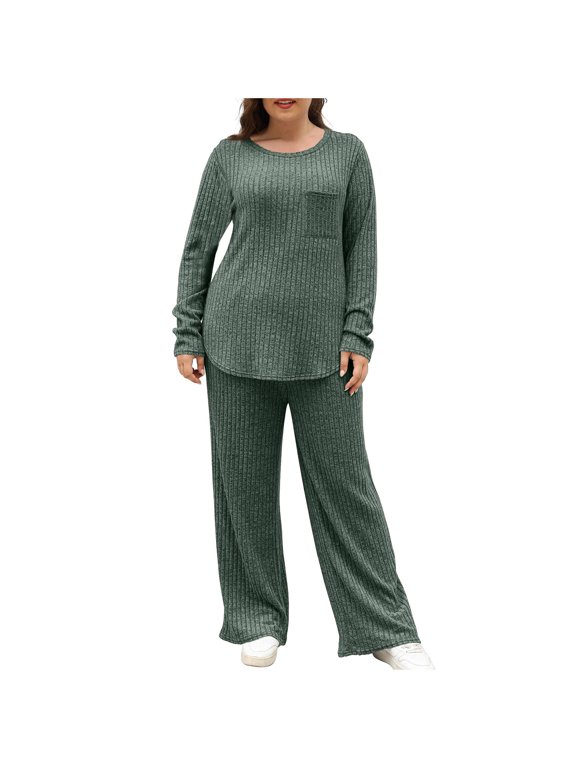 Lounge Sets for Women Ribbed Knit Crew Neck Long Sleeve Shirts Wide Leg Pants 2 Piece Matching Outfits