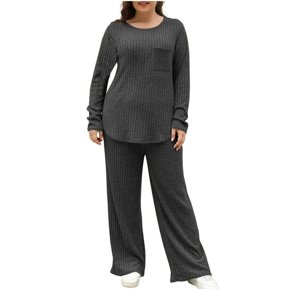 Lenpel Lounge Sets for Women Ribbed Knit Crew Neck Long Sleeve Shirts Wide Leg Pants 2 Piece Matching Outfits