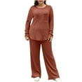 thumbnail image 1 of Lenpel Lounge Sets for Women Ribbed Knit Crew Neck Long Sleeve Shirts Wide Leg Pants 2 Piece Matching Outfits, 1 of 5