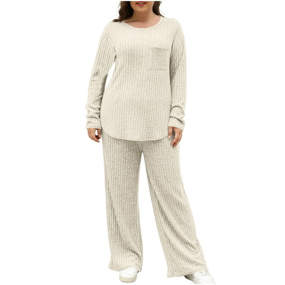 Lenpel Lounge Sets for Women Ribbed Knit Crew Neck Long Sleeve Shirts Wide Leg Pants 2 Piece Matching Outfits