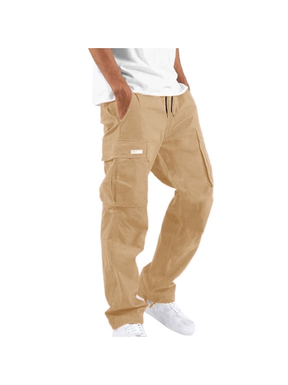 Men's Big and Tall Cargo Pants Cotton Elastic Waist Drawstring Straight Leg Trousers Casual Workout Joggers with Pockets