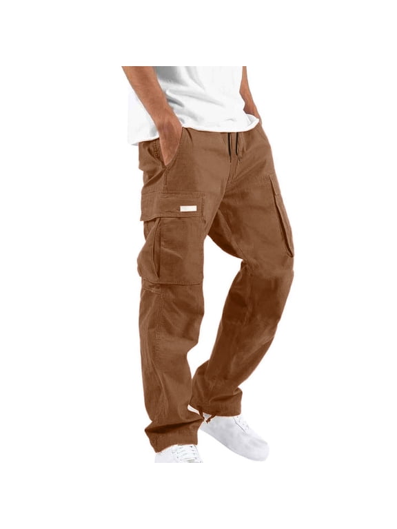 Men's Big and Tall Cargo Pants Cotton Elastic Waist Drawstring Straight Leg Trousers Casual Workout Joggers with Pockets