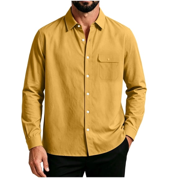 Lenpel Men's Button down Shirts Fall Long Sleeve Collared Solid Color Shirts with Pocket Business Casual Tops(Yellow,X-Large)