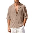 thumbnail image 1 of Lenpel Men's Button down Shirts Half Sleeve Deep V Neck Notched Collared Beach Vacation Shirts Casual Summer Tops with Pockets, 1 of 7