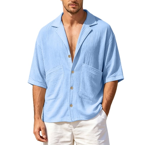Lenpel Men's Button down Shirts Half Sleeve Deep V Neck Notched Collared Beach Vacation Shirts Casual Summer Tops with Pockets