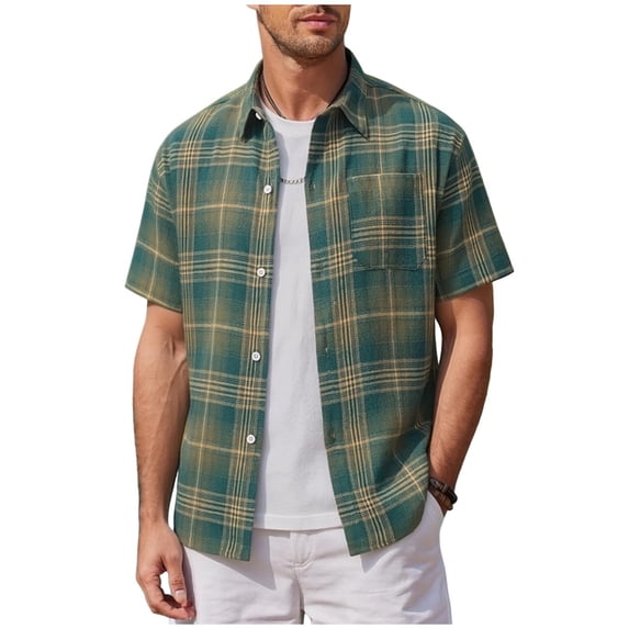 Lenpel Men's Button down Shirts Plaid Short Sleeve Collared Fashion Dress Shirts Loose Casual Summer Tops with Pocket