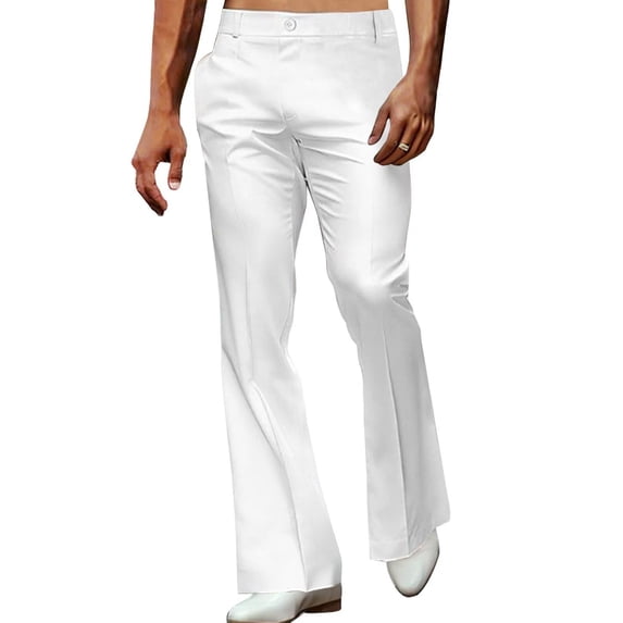 Lenpel Men's Casual Flare Pants Vintage Trendy Button Bell Bottom Pants with Pockets Stylish Business Casual Trousers(White,X-Large)