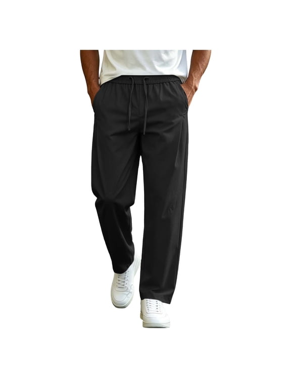 Men's Casual Pants Fall Elastic Waisted Straight Leg Pants with Pockets Plain Trendy Drawstring Loose Trousers(Black,Medium)