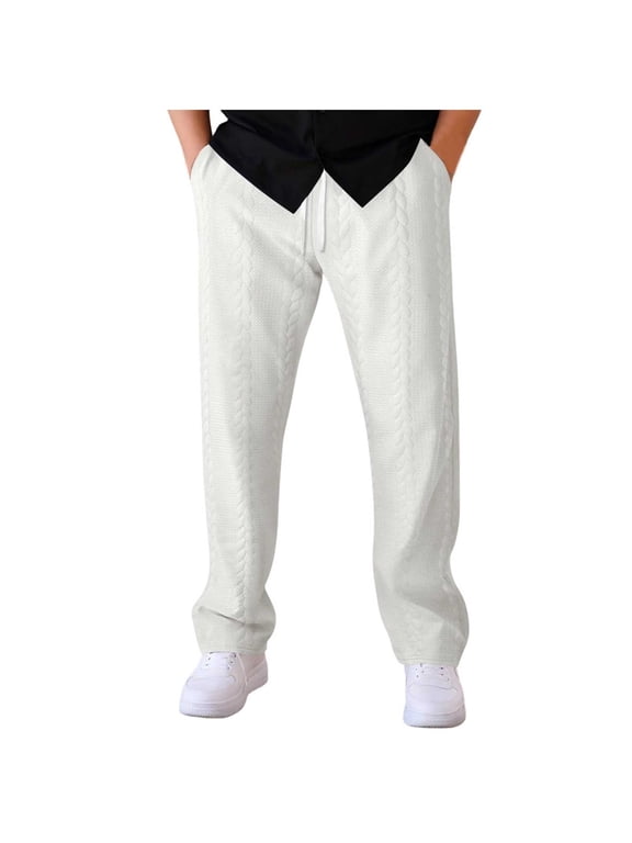 Men's Casual Pants Textured Elastic Waist Drawstring Loose Trousers with Pockets Wide Leg Solid Color Warm Pants(White,Small)