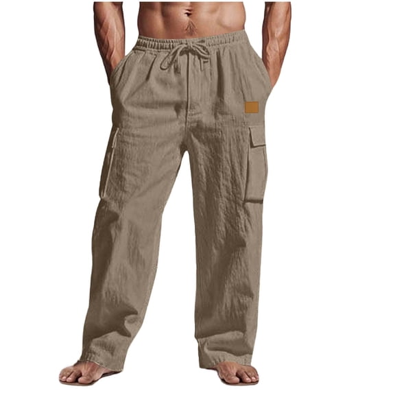 Lenpel Men's Cotton Linen Pants Elastic Waist Drawstring Loose Fit Yoga Cargo Pants Summer Beach Trousers with Pockets