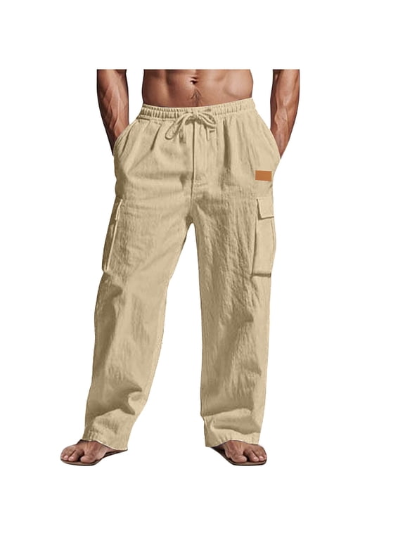 Men's Cotton Linen Pants Elastic Waist Drawstring Loose Fit Yoga Cargo Pants Summer Beach Trousers with Pockets