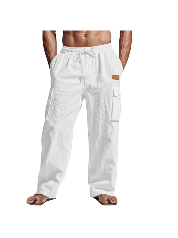 Men's Cotton Linen Pants Elastic Waist Drawstring Loose Fit Yoga Cargo Pants Summer Beach Trousers with Pockets