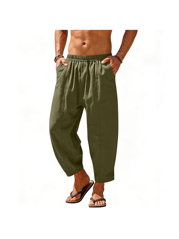 Men's Cotton Linen Pants Fall Lightweight Elastic Waist Harem Pants Solid Color Loose Fit Trousers with Pockets(Army Green,Medium)