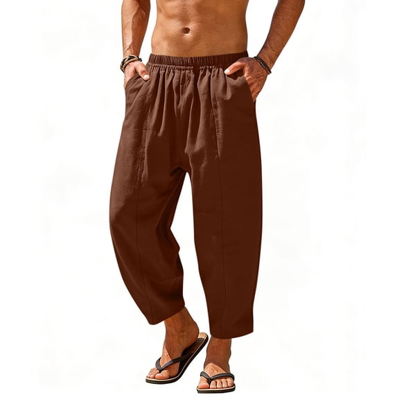 Lenpel Men's Cotton Linen Pants Fall Lightweight Elastic Waist Harem Pants Solid Color Loose Fit Trousers with Pockets(Coffee,Medium)