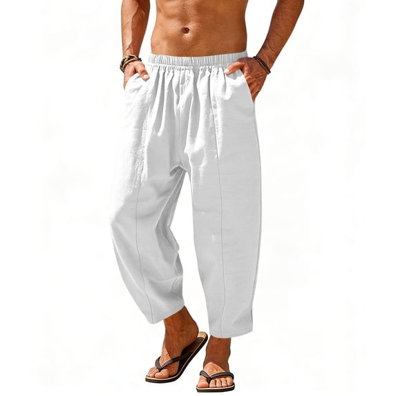 Lenpel Men's Cotton Linen Pants Fall Lightweight Elastic Waist Harem Pants Solid Color Loose Fit Trousers with Pockets(White,XX-Large)