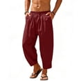 thumbnail image 1 of Lenpel Men's Cotton Linen Pants Fall Lightweight Elastic Waist Harem Pants Solid Color Loose Fit Trousers with Pockets(Wine,XX-Large), 1 of 7