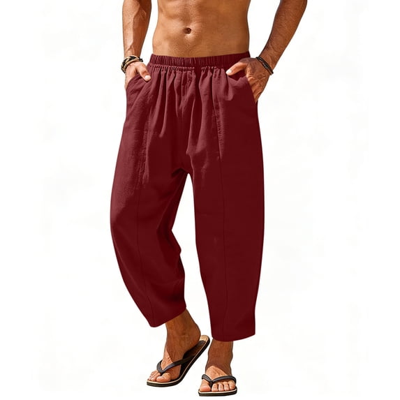 Lenpel Men's Cotton Linen Pants Fall Lightweight Elastic Waist Harem Pants Solid Color Loose Fit Trousers with Pockets(Wine,XX-Large)