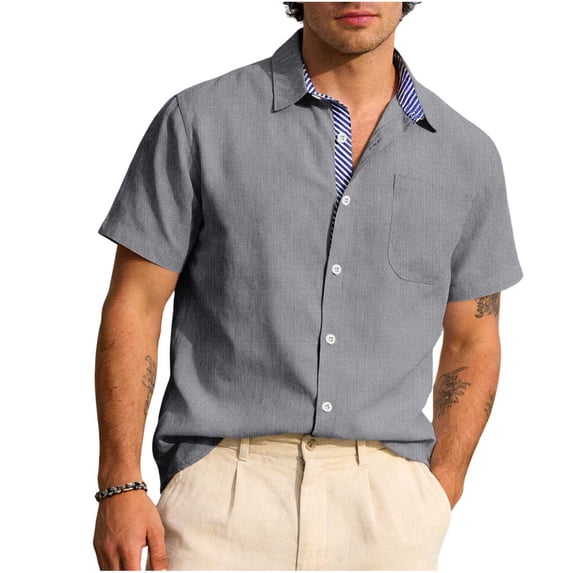 Lenpel Men's Cotton Linen Shirts Casual Short Sleeve Collared Striped Trim Button down Shirts Beach Summer Tops with Pocket